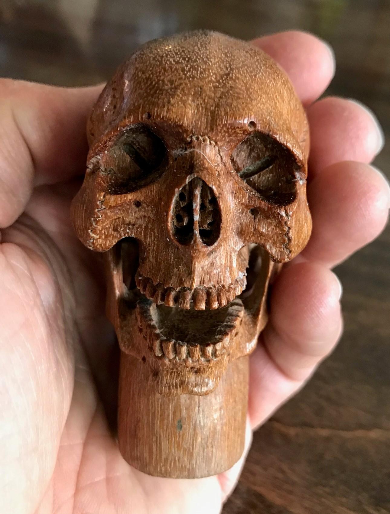 Hand-Carved Hand Carved Wood Memento Mori Skull Cane Walking Stick Handle For Sale