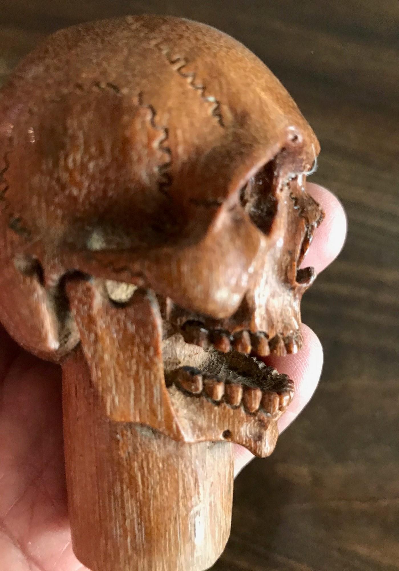 20th Century Hand Carved Wood Memento Mori Skull Cane Walking Stick Handle For Sale