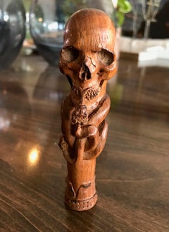 Hand Carved Wood Memento Mori Skull with Kissing Snake Cane Walking Stick Handle