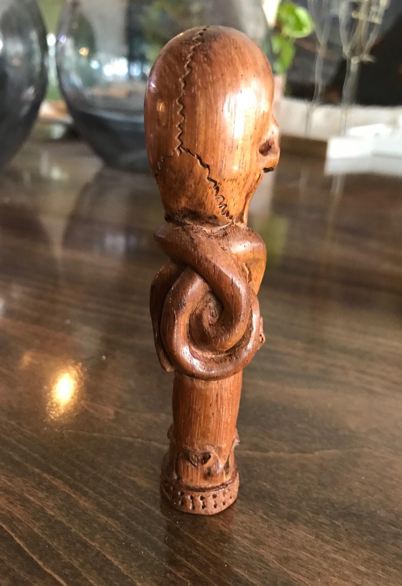 Hand-Carved Hand Carved Wood Memento Mori Skull with Kissing Snake Cane Walking Stick Handle
