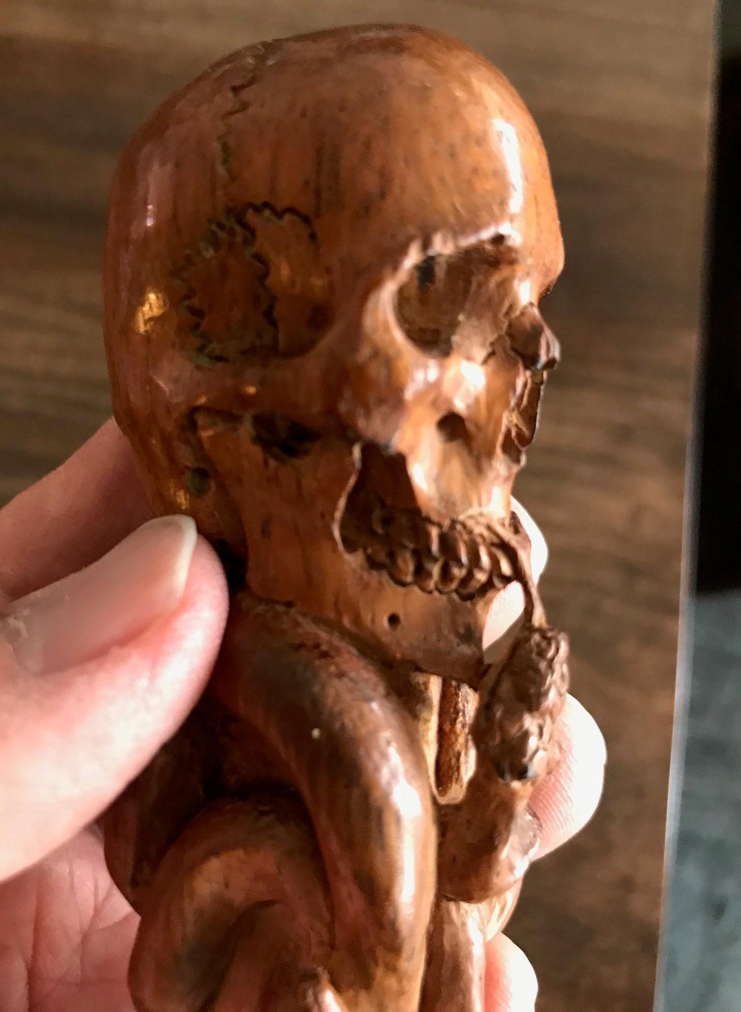 20th Century Hand Carved Wood Memento Mori Skull with Kissing Snake Cane Walking Stick Handle