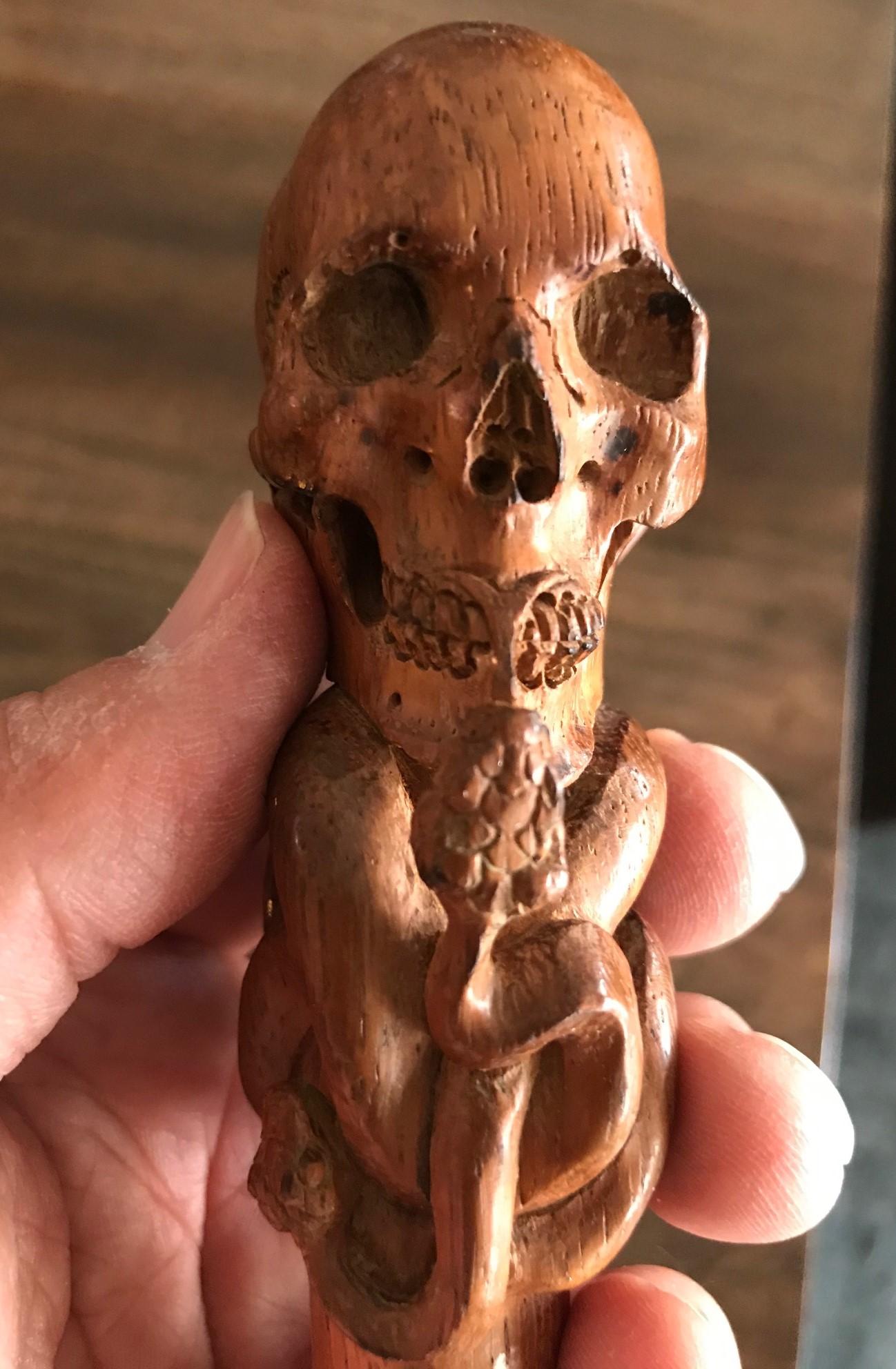 Hand Carved Wood Memento Mori Skull with Kissing Snake Cane Walking Stick Handle 1