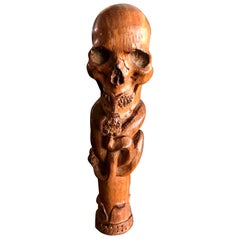 Hand Carved Wood Memento Mori Skull with Kissing Snake Cane Walking Stick Handle