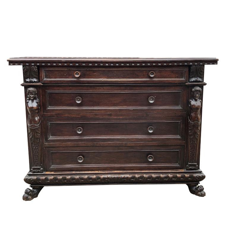 Carved Wood Mermaid 4 Drawer Commode Nightstand or Chest France 17th Century For Sale 9