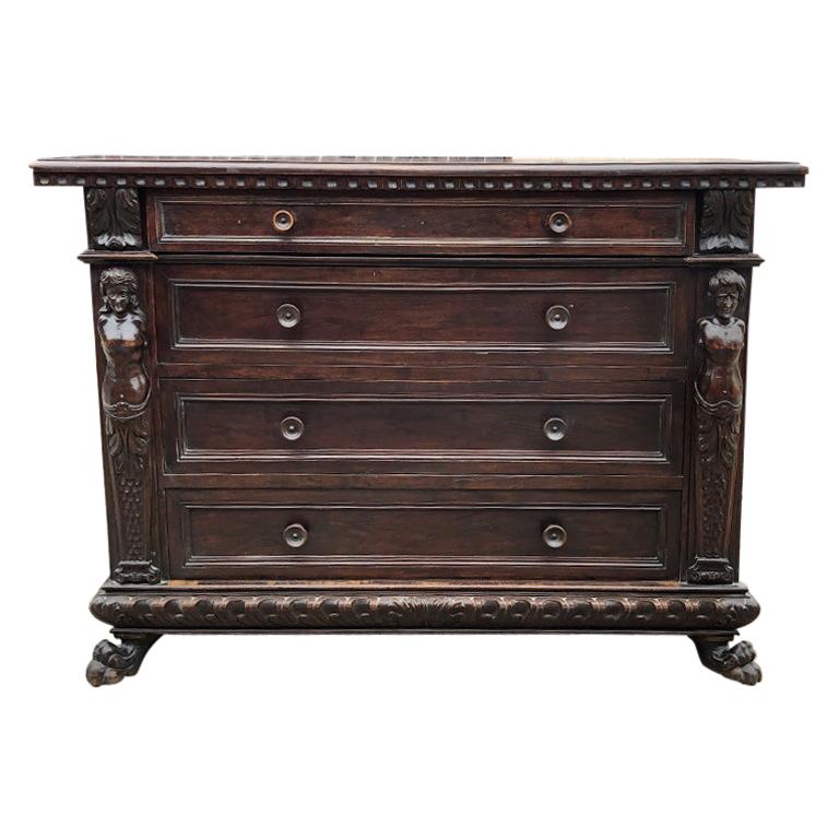 Carved Wood Mermaid 4 Drawer Commode Nightstand or Chest France 17th Century For Sale