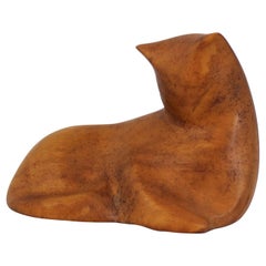 Hand Carved Wood Mid-Century Modern Cat Sculpture Signed Luman Kelsey
