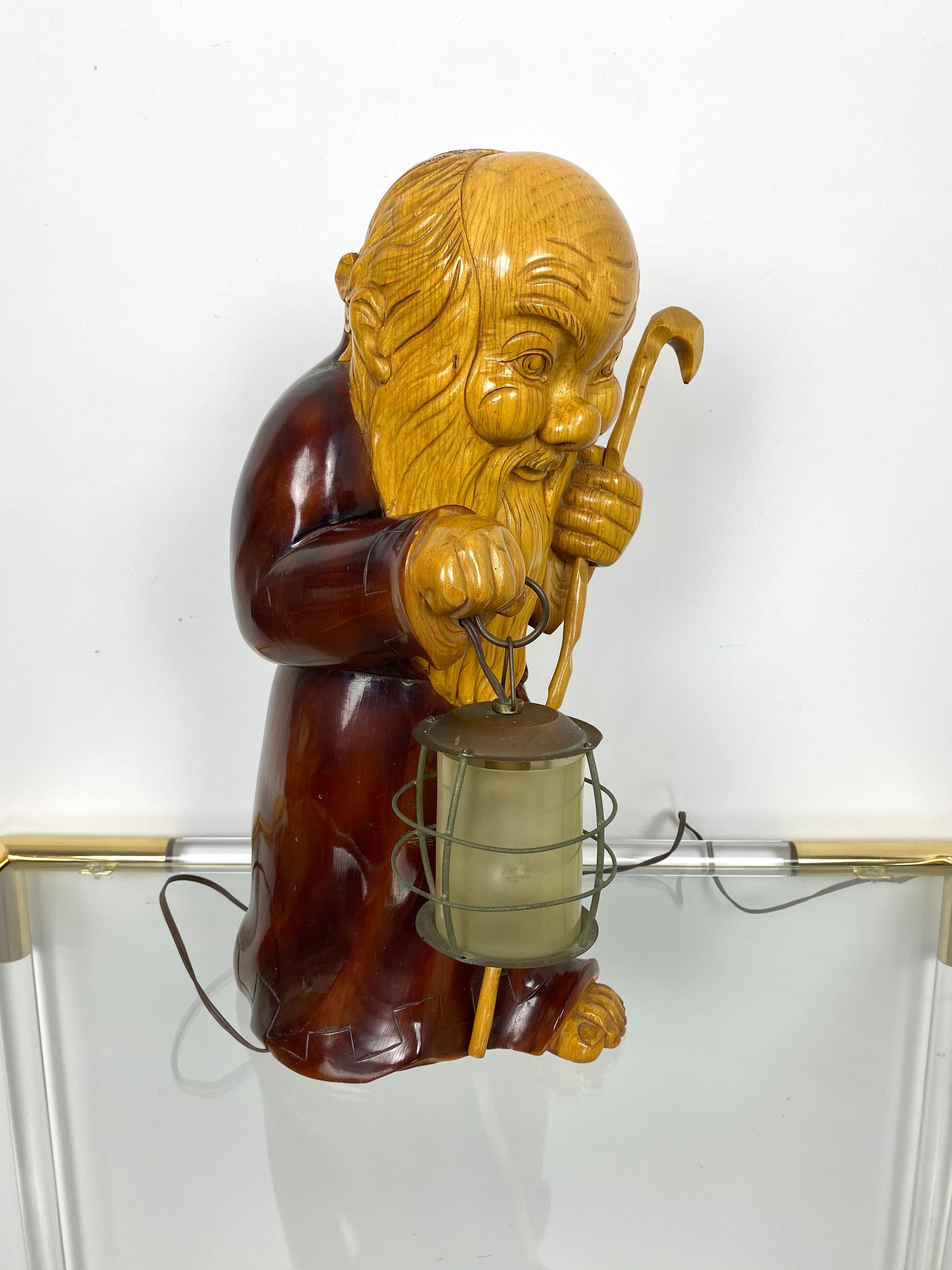 Italian Hand Carved Wood Monk Table Lamp by Aldo Tura for Macabo, Italy, 1950s For Sale