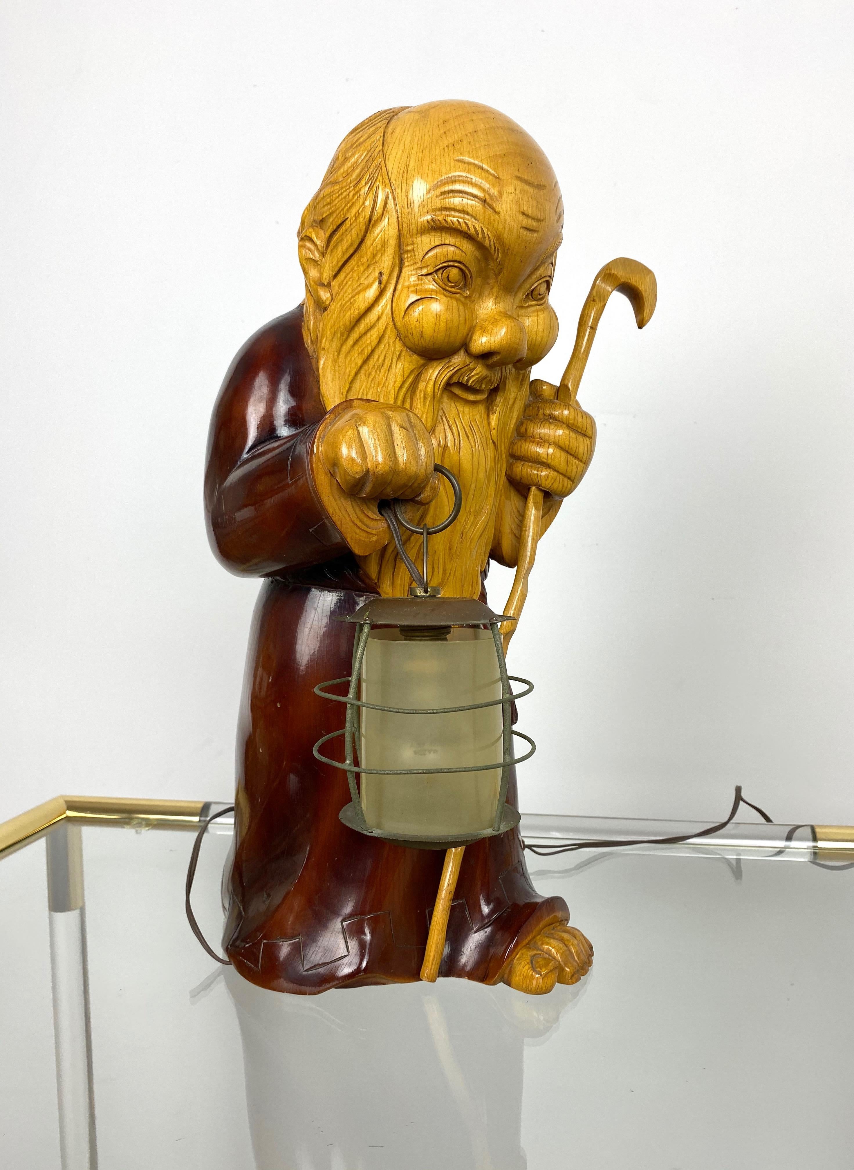 Hand-Carved Hand Carved Wood Monk Table Lamp by Aldo Tura for Macabo, Italy, 1950s For Sale