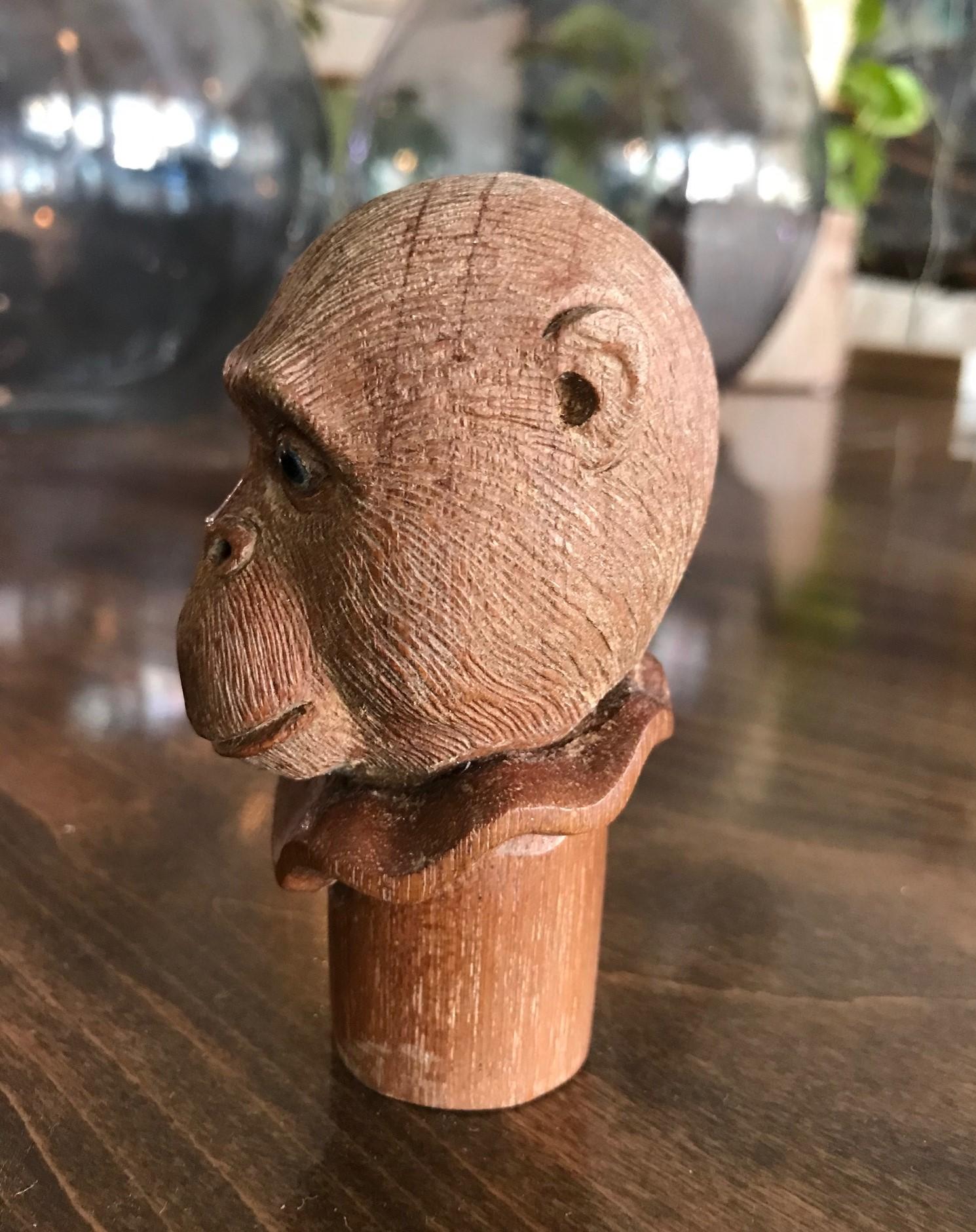Hand-Carved Hand Carved Wood Monkey Cane Walking Stick Handle with Piercing Blue Eyes For Sale