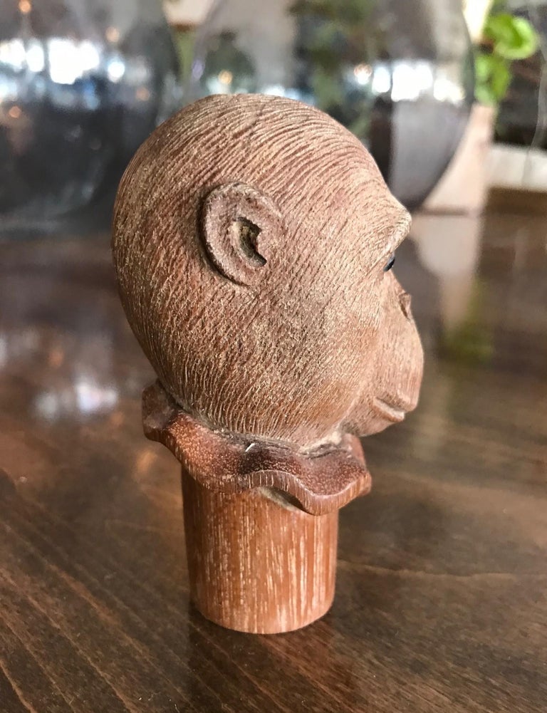 Hand Carved Wood Monkey Cane Walking Stick Handle with Piercing Blue