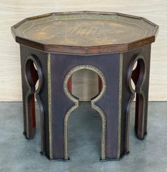 Hand Carved Wood Moroccan Side Table with Embossed Metal Top