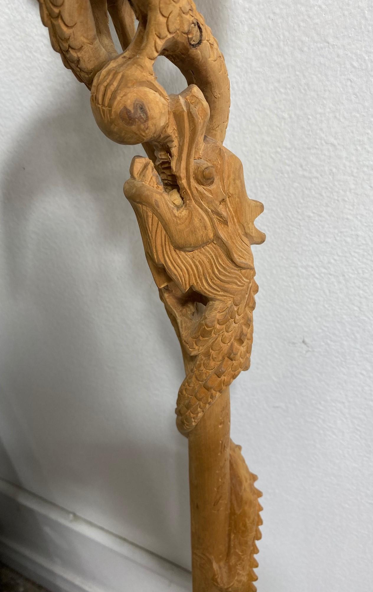 Hand-Carved Hand Carved Wood Multi Dragon Head Asian Chinese Walking Cane Stick For Sale