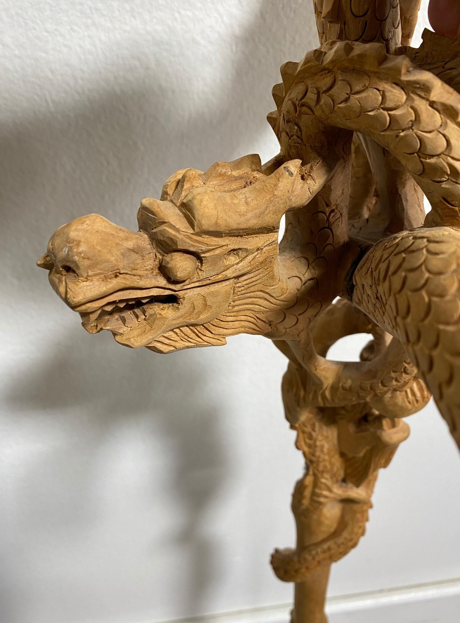Hand Carved Wood Multi Dragon Head Asian Chinese Walking Cane Stick In Good Condition For Sale In Studio City, CA