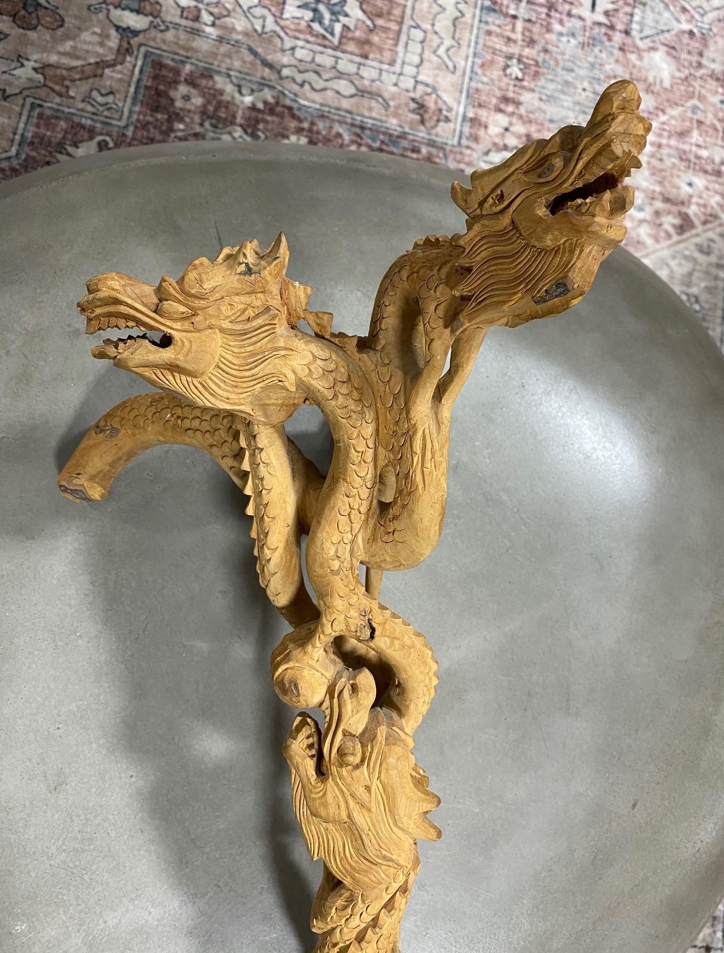 Hand Carved Wood Multi Dragon Head Asian Chinese Walking Cane Stick For Sale 1