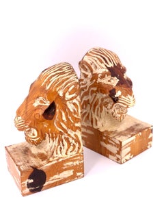 Hand Carved Wood Pair of Bookends Lions Heads by Sarreid Spain