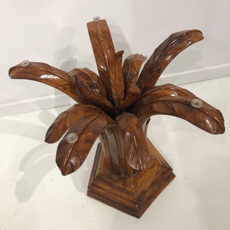 Hand Carved Wood Palm Tree Side Table Glass Top Midcentury Coffee For