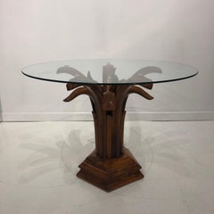 Hand Carved Wood Palm Tree Side Table Glass Top Midcentury Coffee