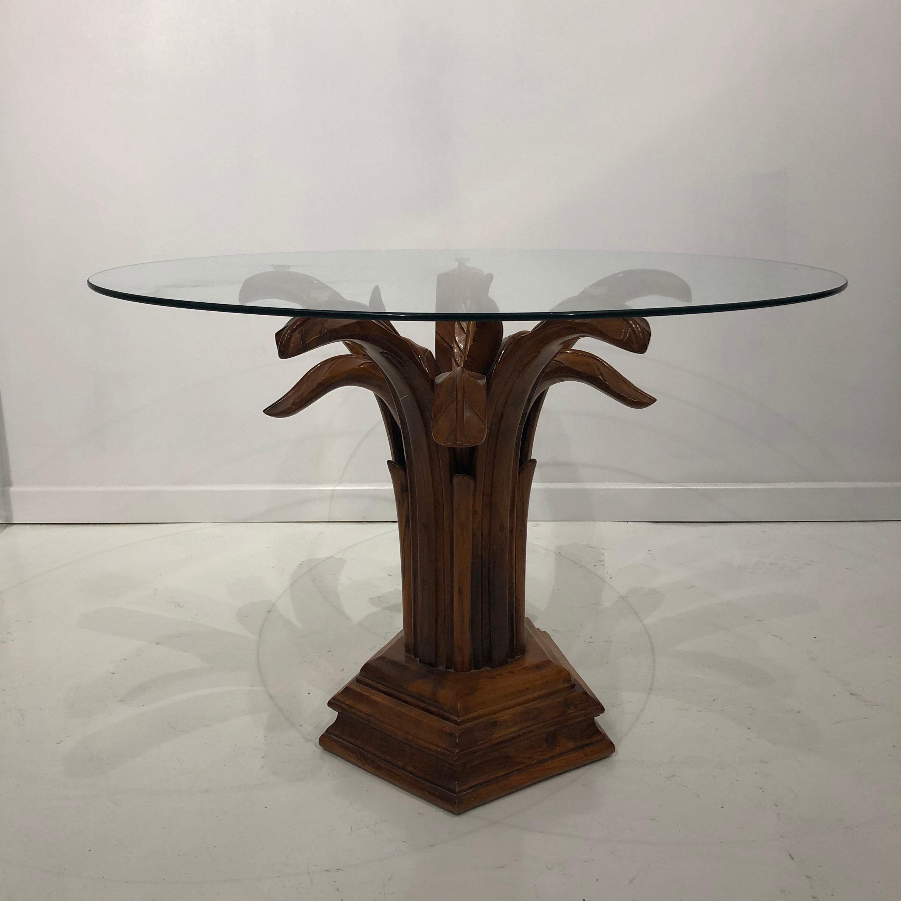 Mid-Century Modern Hand Carved Wood Palm Tree Side Table Glass Top Midcentury Coffee For Sale