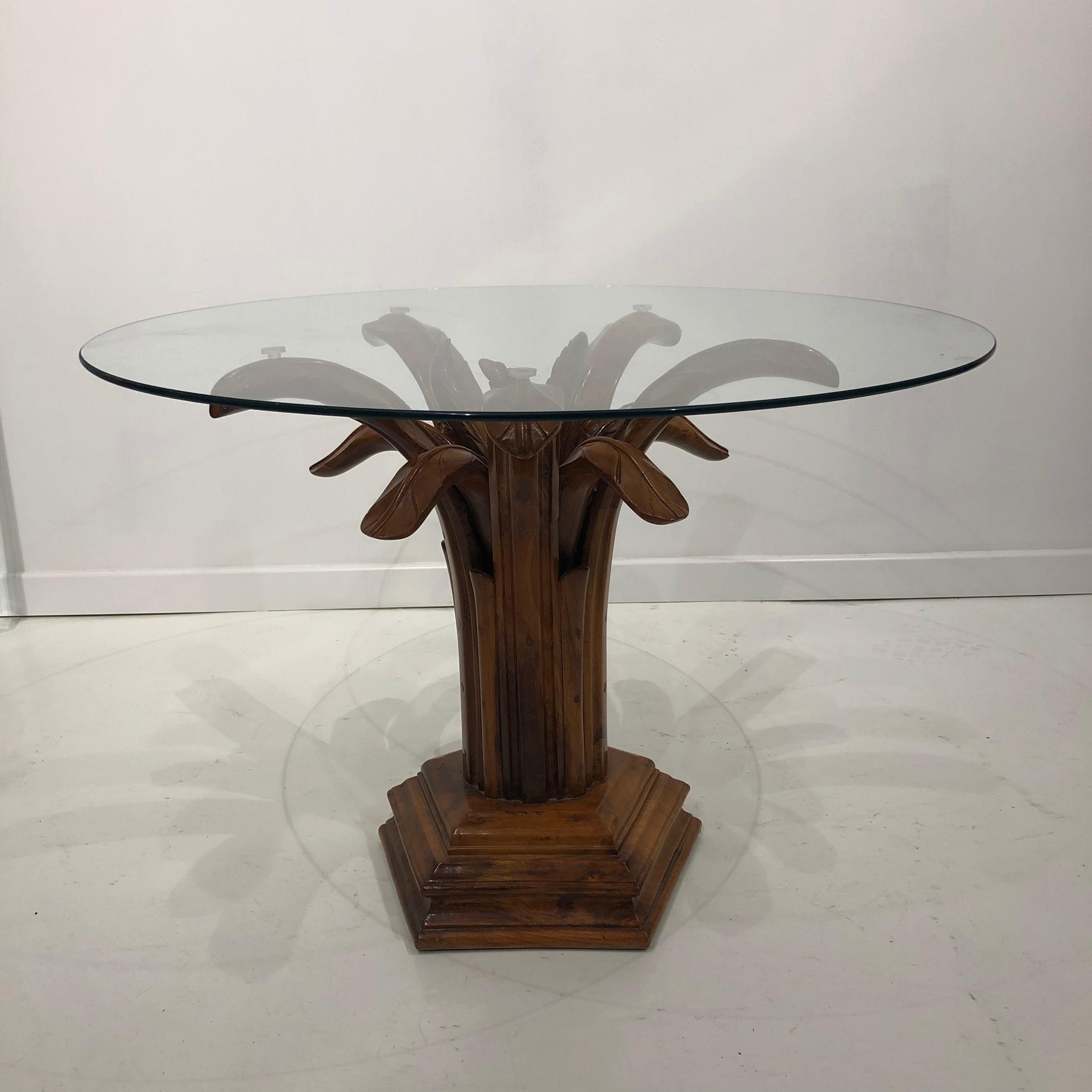 American Hand Carved Wood Palm Tree Side Table Glass Top Midcentury Coffee For Sale