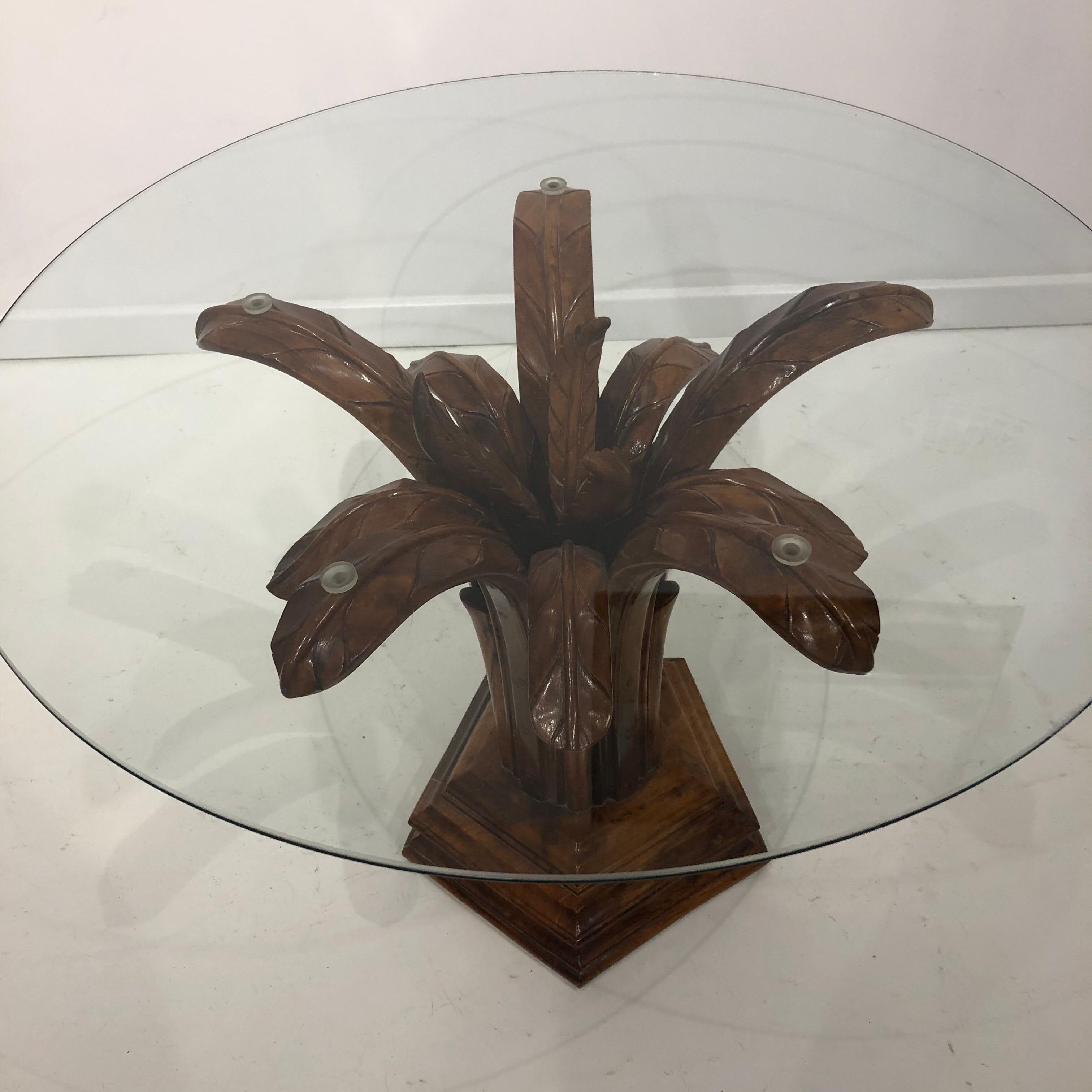 Hand-Carved Hand Carved Wood Palm Tree Side Table Glass Top Midcentury Coffee For Sale