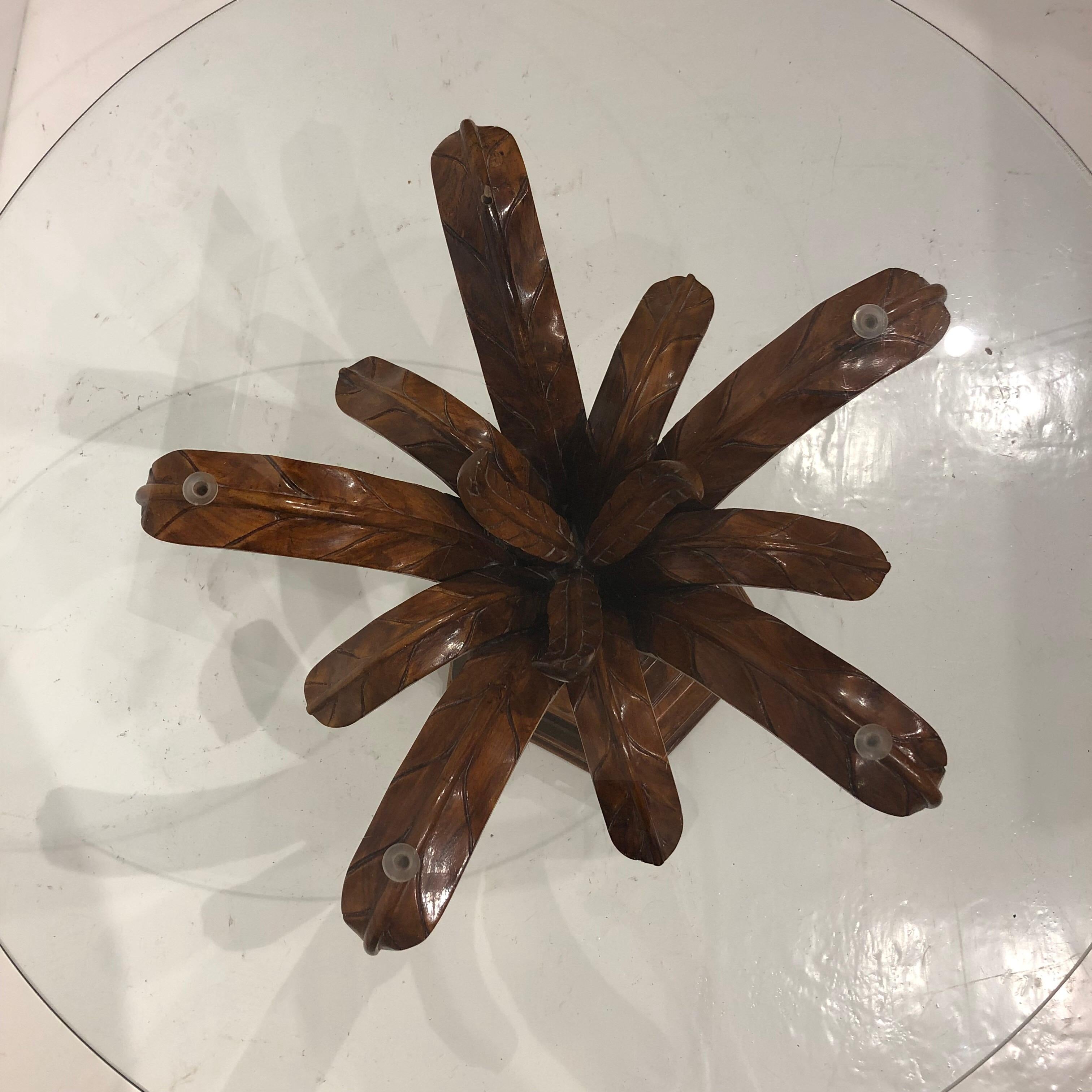 Hand Carved Wood Palm Tree Side Table Glass Top Midcentury Coffee In Good Condition For Sale In London, GB