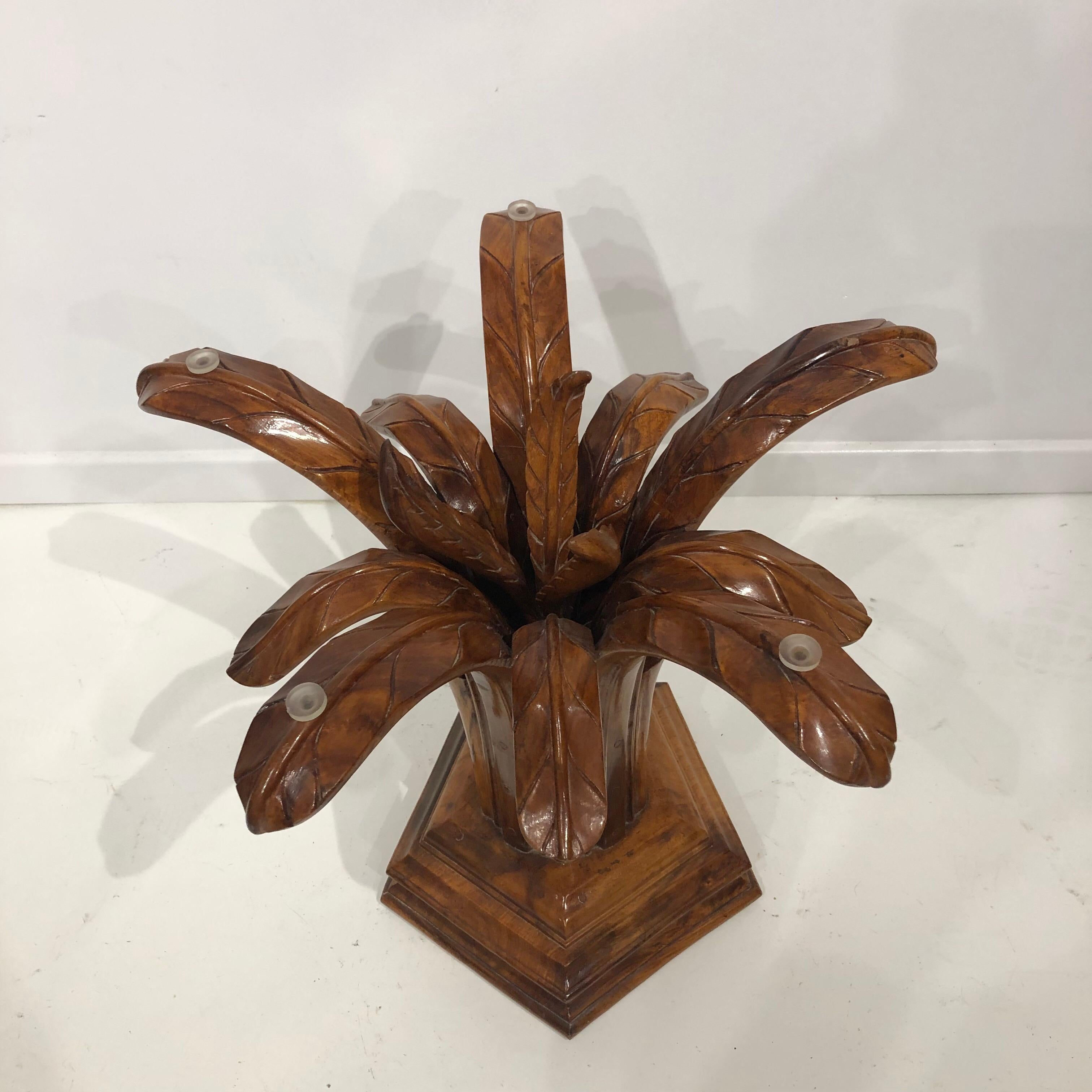 Late 20th Century Hand Carved Wood Palm Tree Side Table Glass Top Midcentury Coffee For Sale