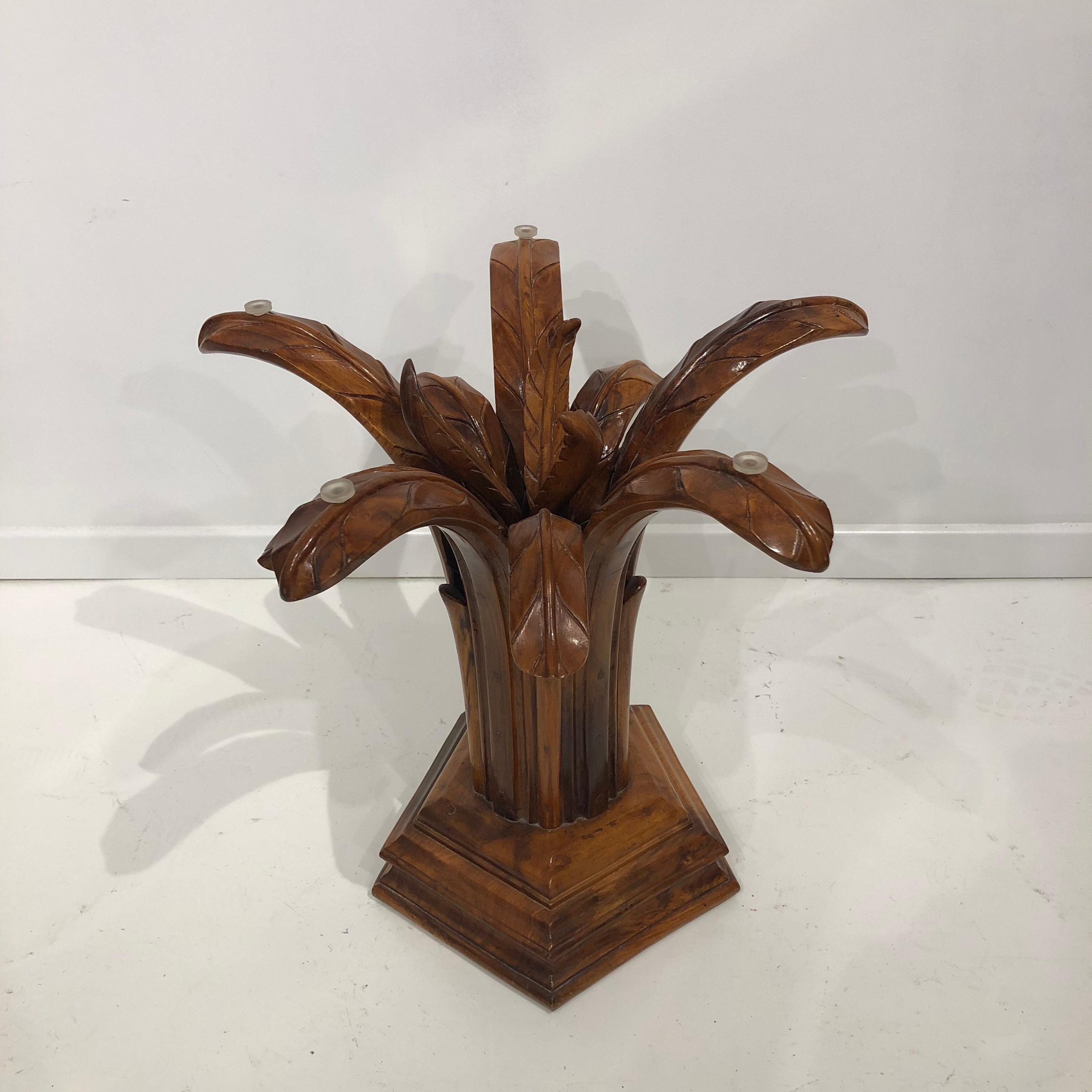 Hand Carved Wood Palm Tree Side Table Glass Top Midcentury Coffee For Sale 1