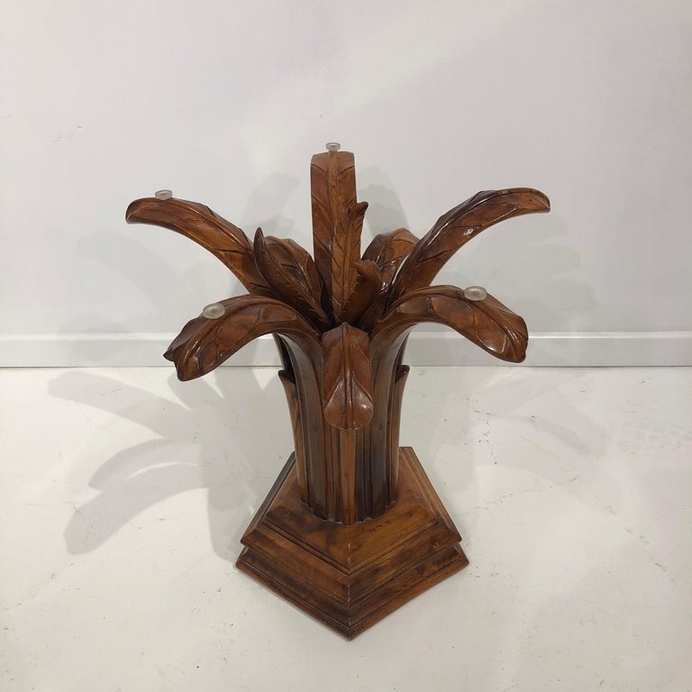Hand Carved Wood Palm Tree Side Table Glass Top Midcentury ...