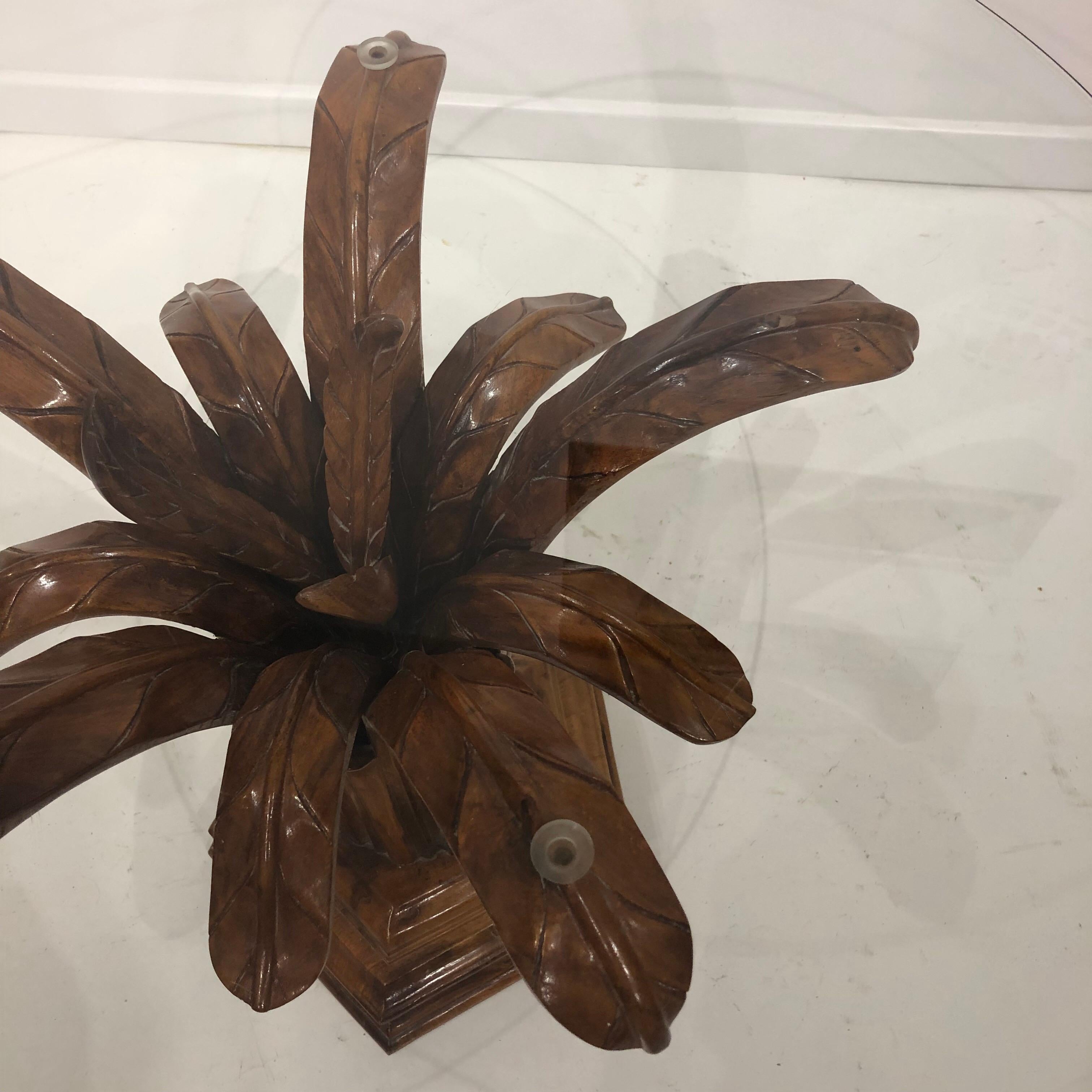 Hand Carved Wood Palm Tree Side Table Glass Top Midcentury Coffee For Sale 2