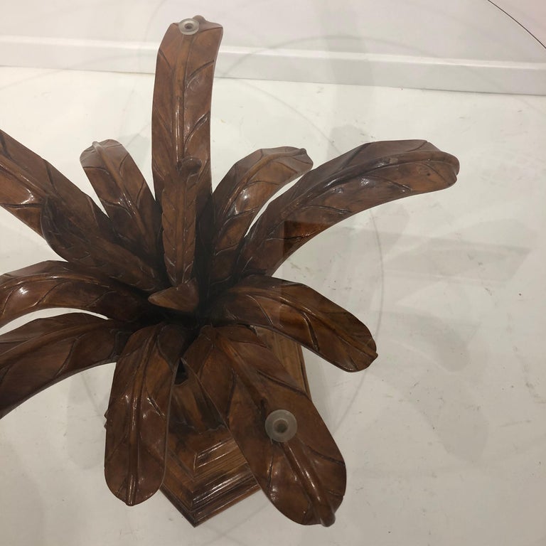 Hand Carved Wood Palm Tree Side Table Glass Top Midcentury Coffee For
