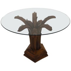 Hand Carved Wood Palm Tree Side Table Glass Top Midcentury Coffee