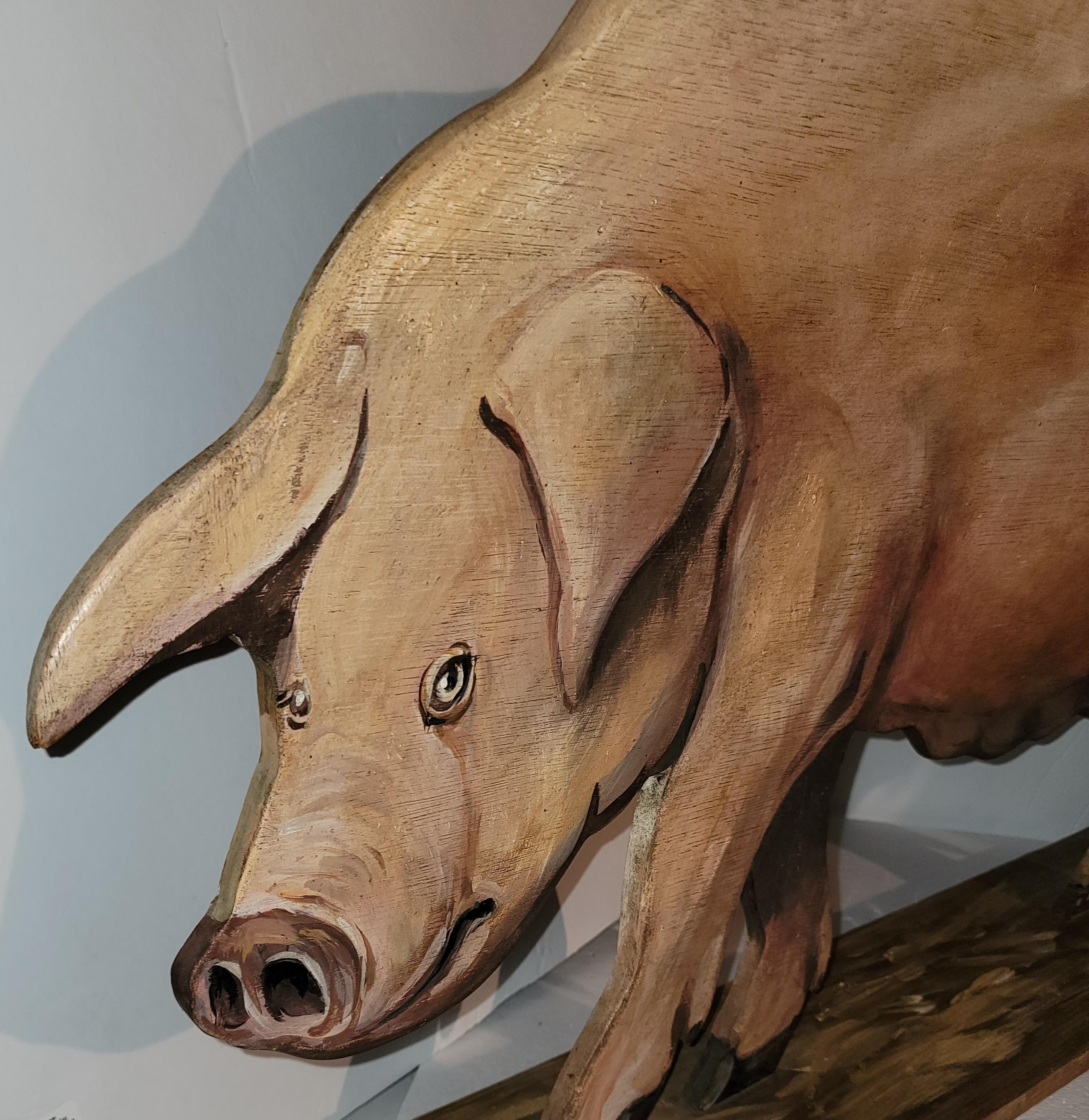 Cerdo de Madera Tallada a Mano con Pintura Original, Firmado Tallado a mano