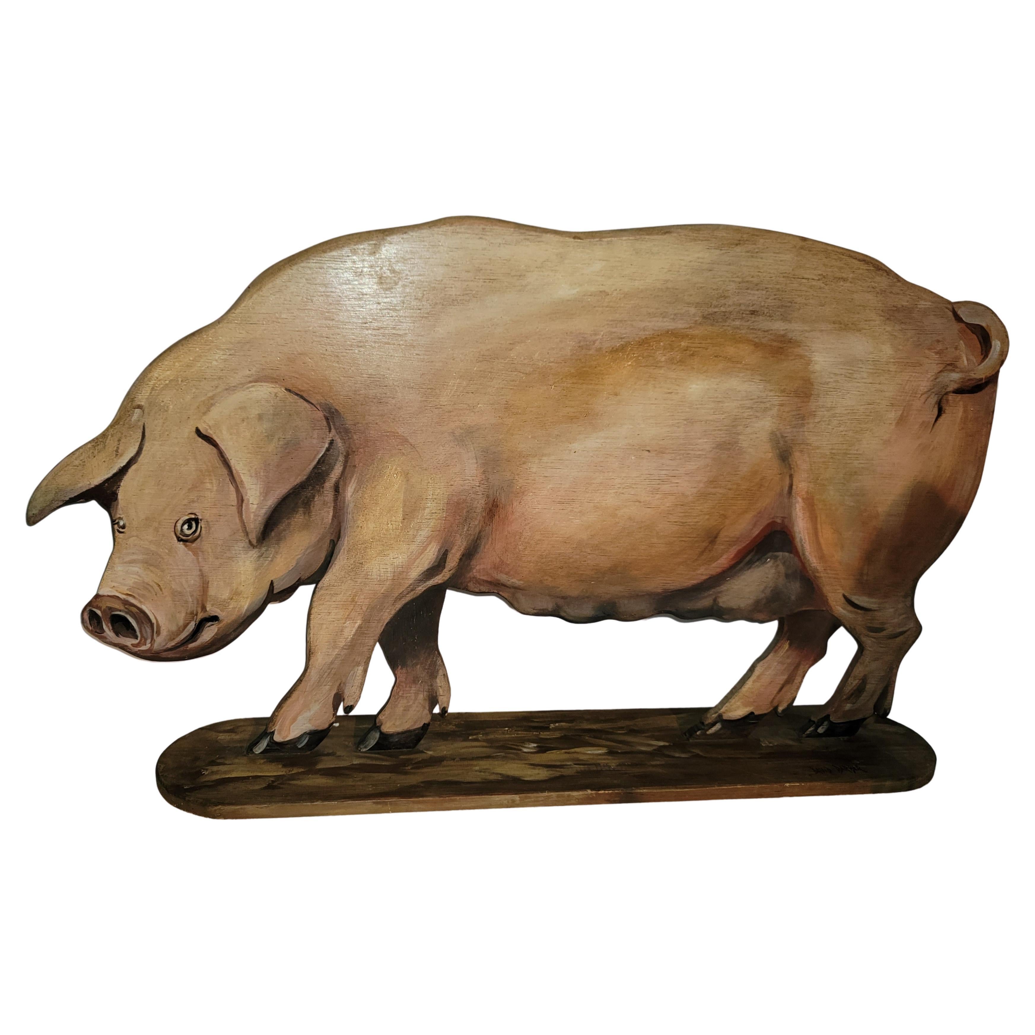 Hand Carved Wood Pig with Original Paint, Signed
