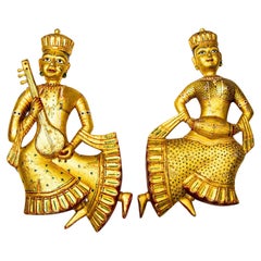 Hand Carved Wood Rajasthani Female Musicians Wall Sculptures from India Set of 2