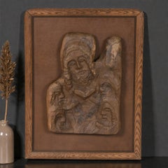 Hand-Carved Wood Relief Portrait with Leather Backdrop and Oak Frame