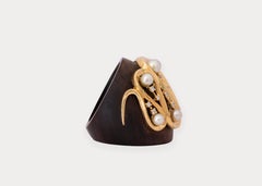 Hand-Carved Wood Ring Encrusted w 18k Yellow Gold, Diamonds and Certified Pearls