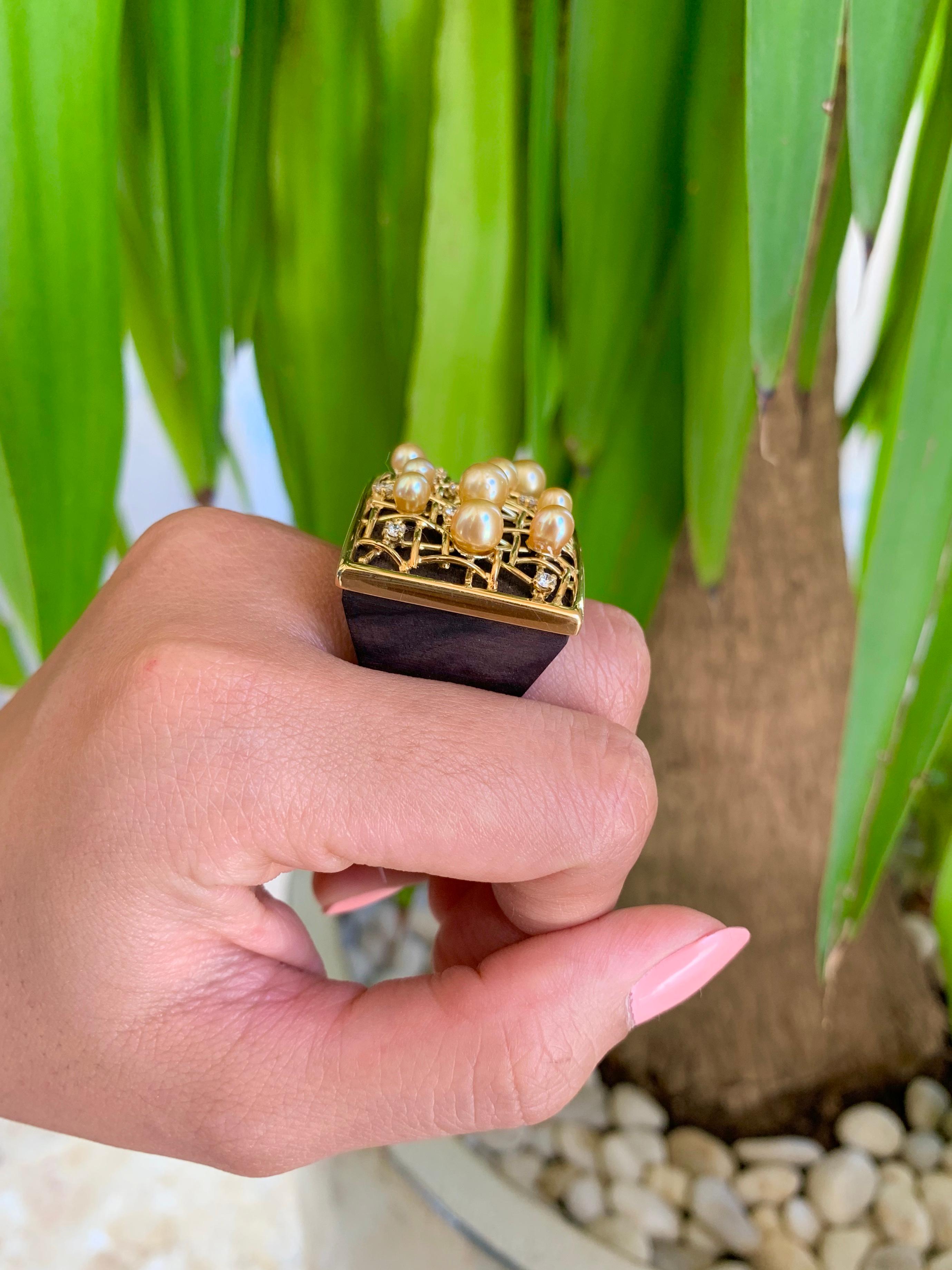 Round Cut Hand-Carved Wood Ring Encrusted w 18k Yellow Gold, Diamonds and Certified Pearls For Sale
