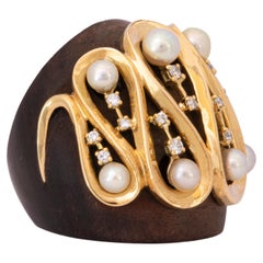 Hand-Carved Wood Ring Encrusted w 18k Yellow Gold, Diamonds and Certified Pearls
