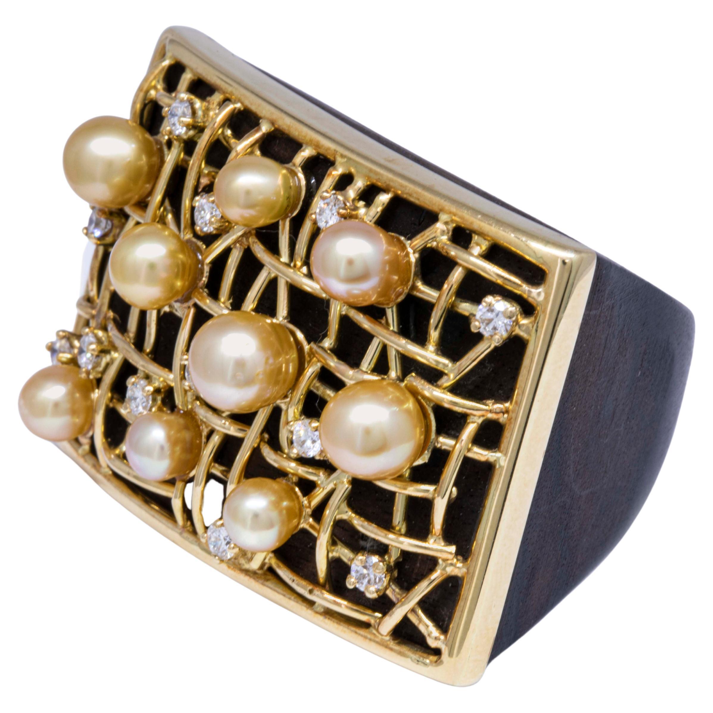 Hand-Carved Wood Ring Encrusted w 18k Yellow Gold, Diamonds and Certified Pearls For Sale