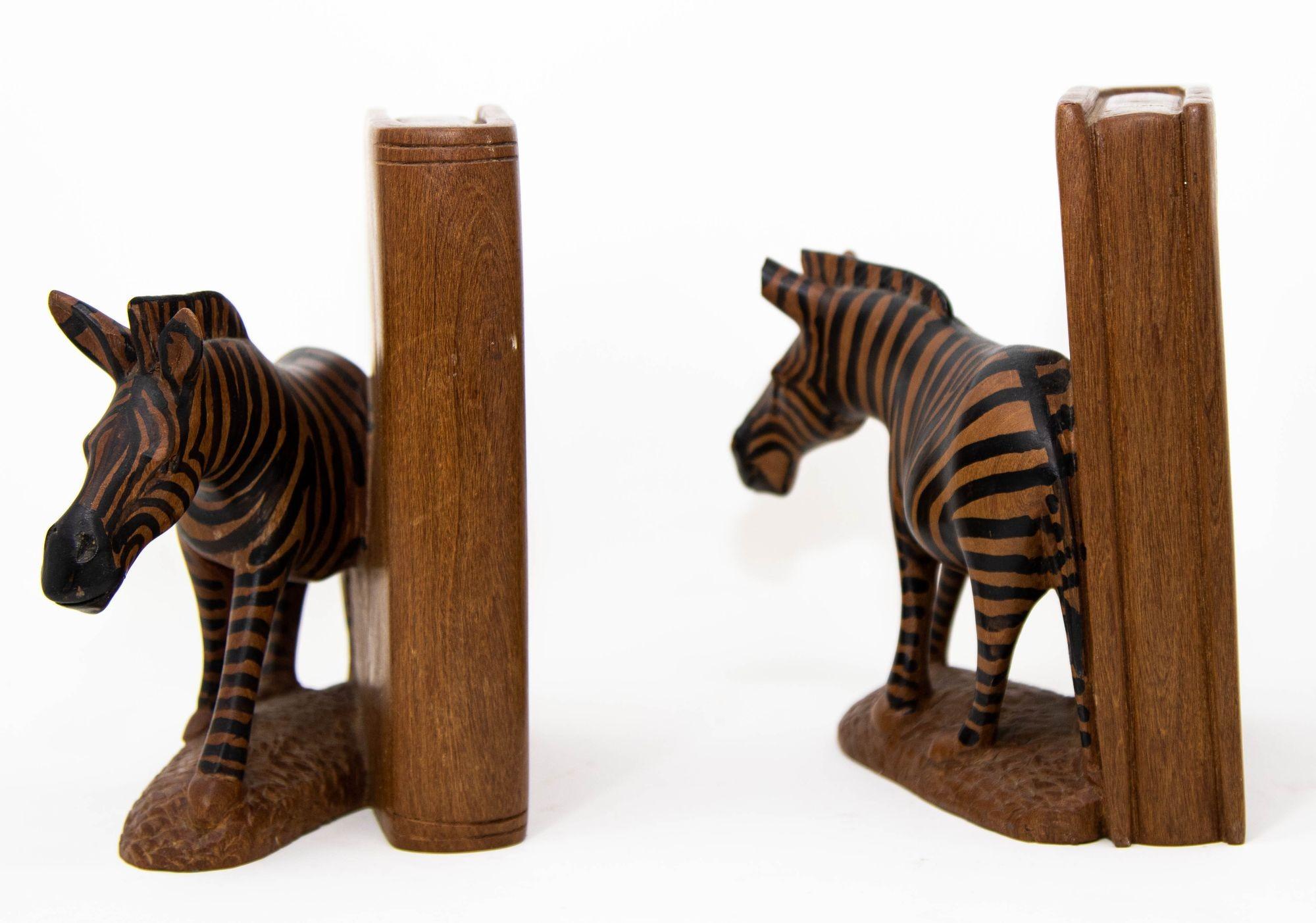 Hand Carved Wood Safari African Zebra Bookends Kenya 1950 3