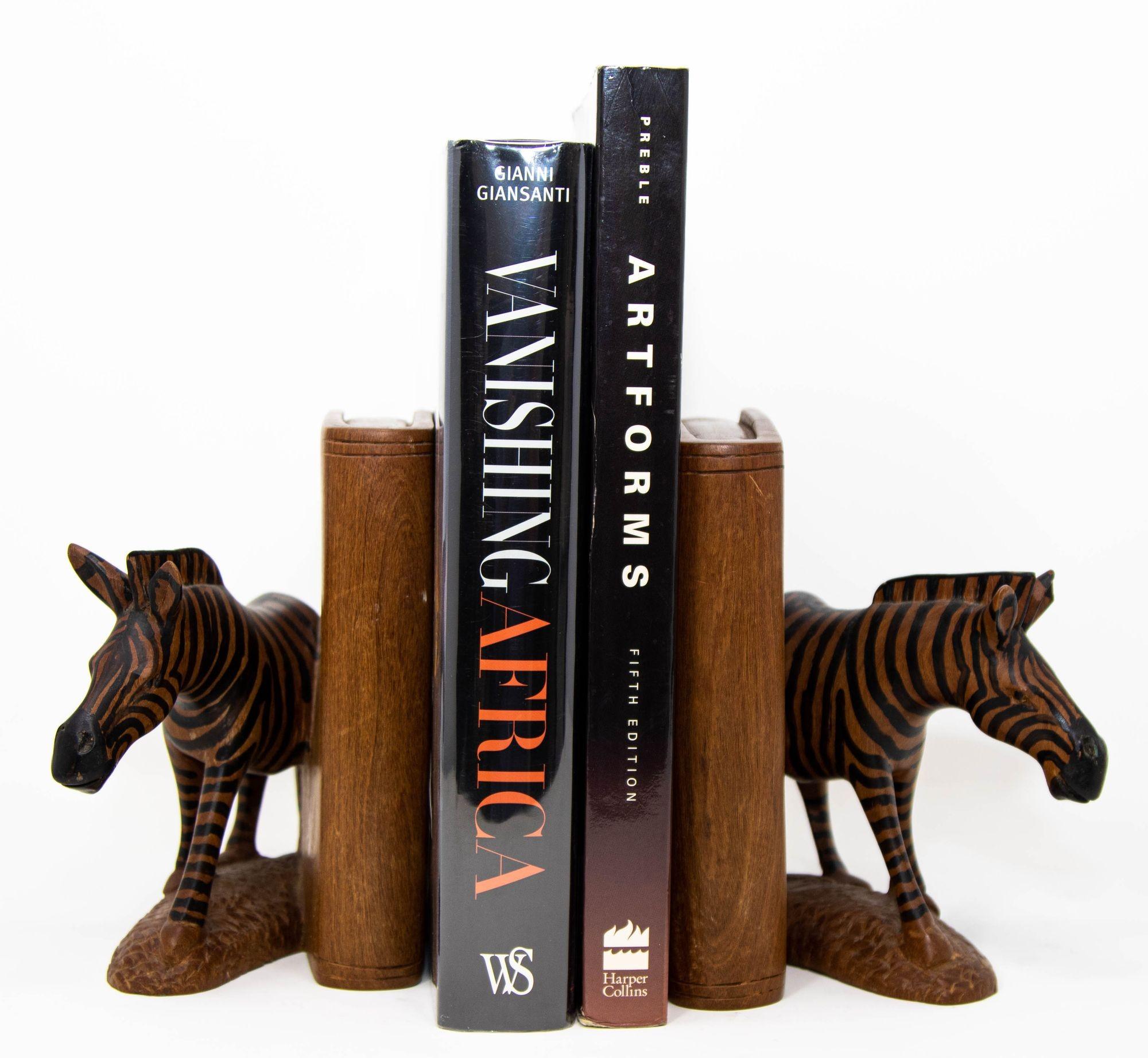 Hand Carved Wood Safari African Zebra Bookends Kenya 1950 4