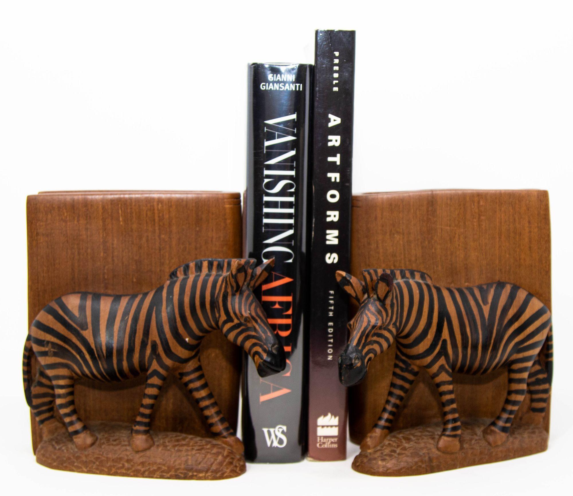 Hand Carved Wood Safari African Zebra Bookends Kenya 1950 5