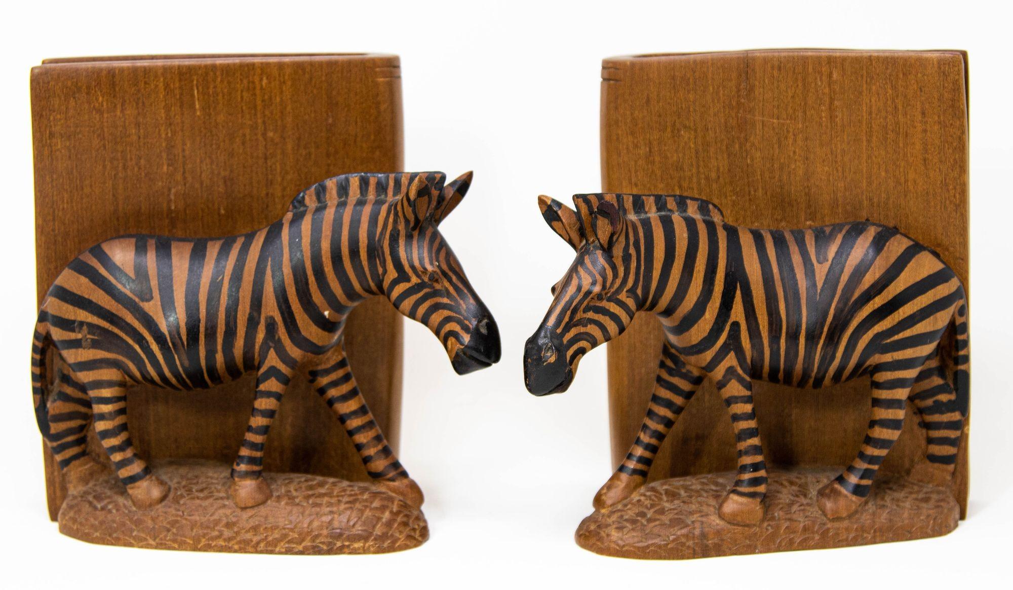 Hand Carved Wood Safari African Zebra Bookends Kenya 1950 6