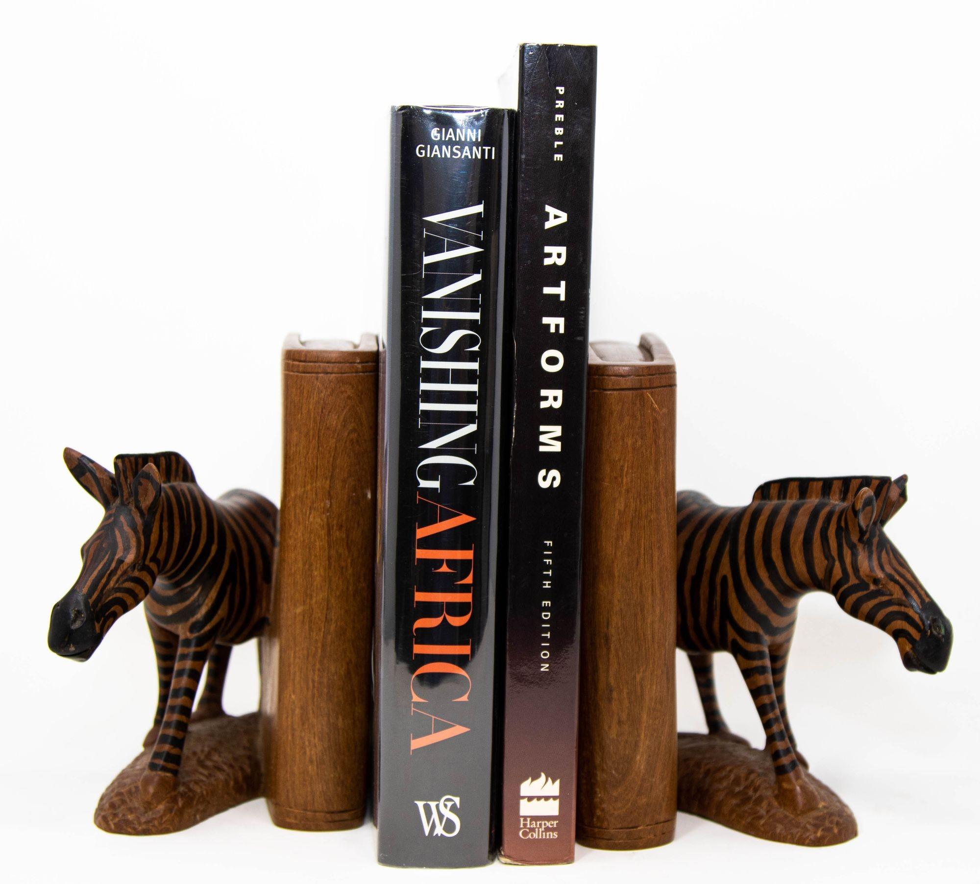 Hand Carved Wood Safari African Zebra Bookends Kenya 1950 7