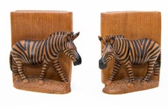Hand Carved Wood Safari African Zebra Bookends Kenya 1950