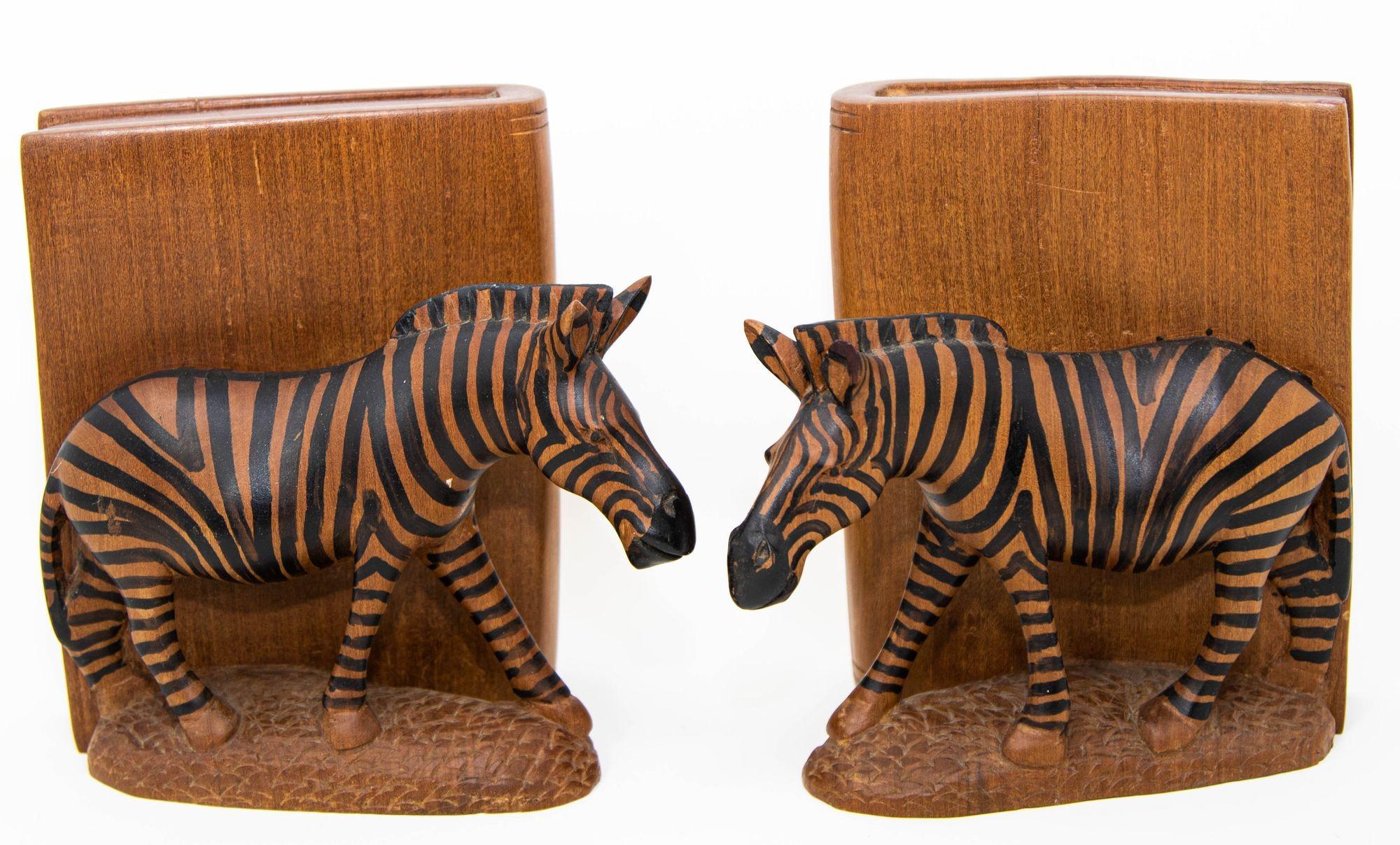 Folk Art Hand Carved Wood Safari African Zebra Bookends Kenya 1950
