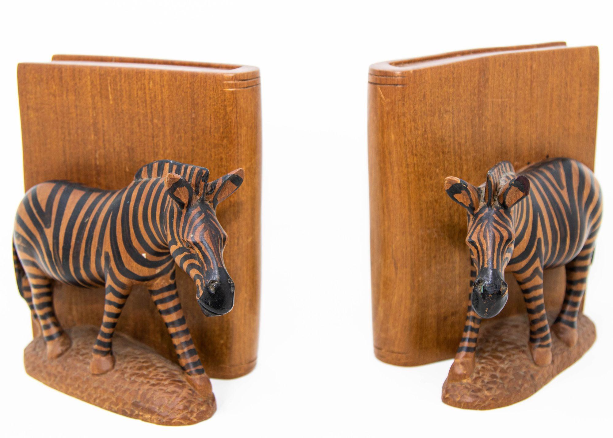Kenyan Hand Carved Wood Safari African Zebra Bookends Kenya 1950
