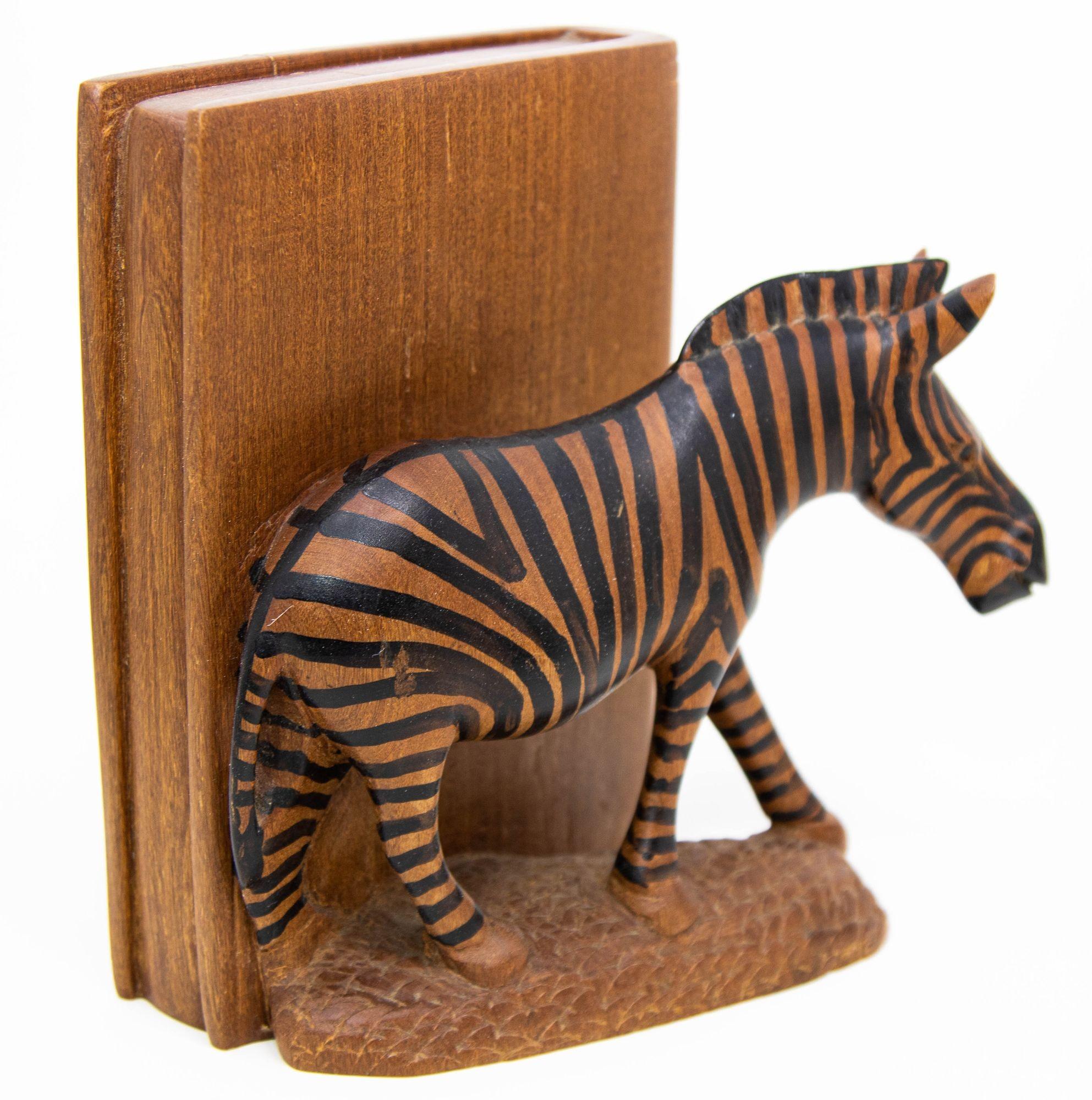 Hand-Carved Hand Carved Wood Safari African Zebra Bookends Kenya 1950