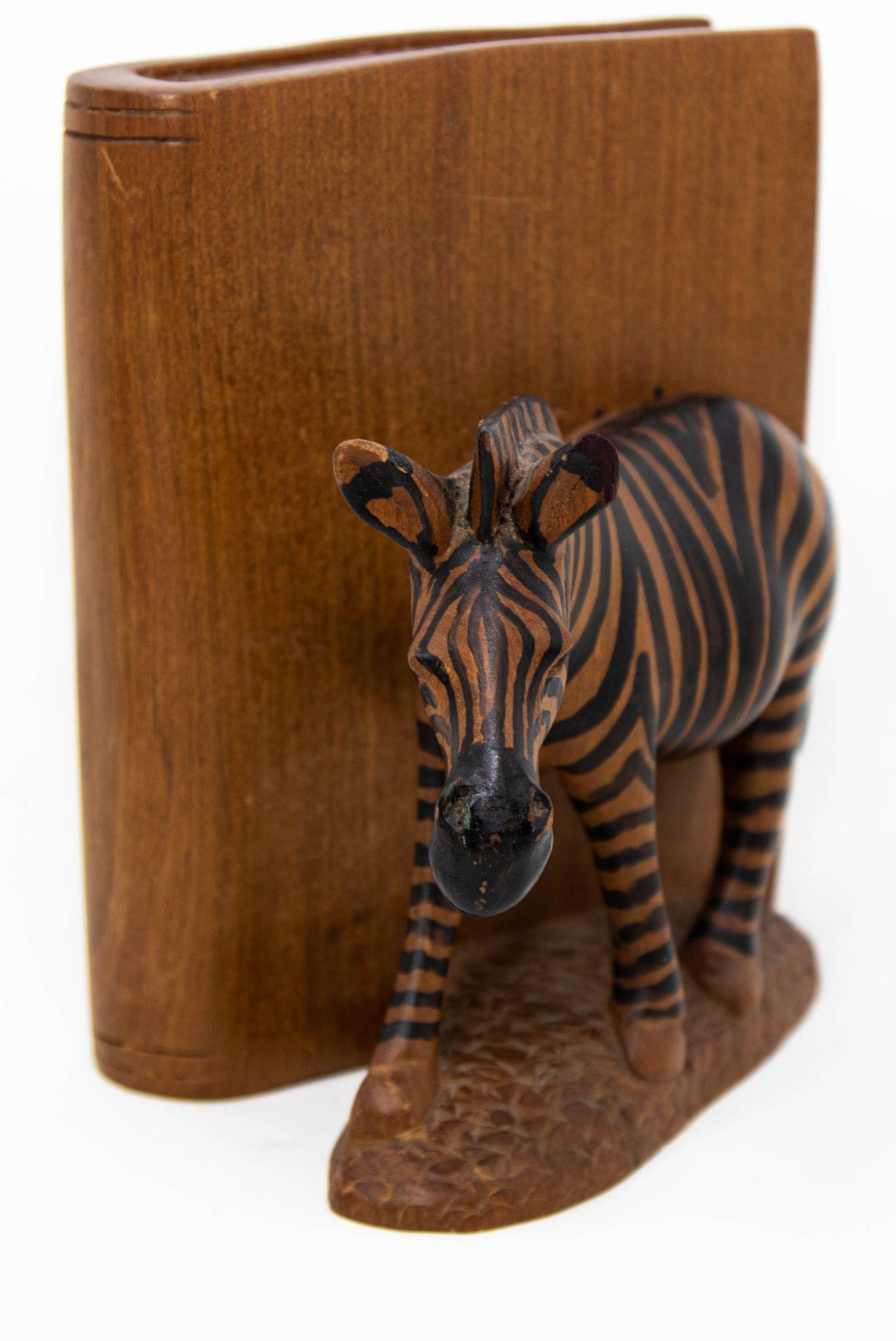 Hand Carved Wood Safari African Zebra Bookends Kenya 1950 In Good Condition In North Hollywood, CA