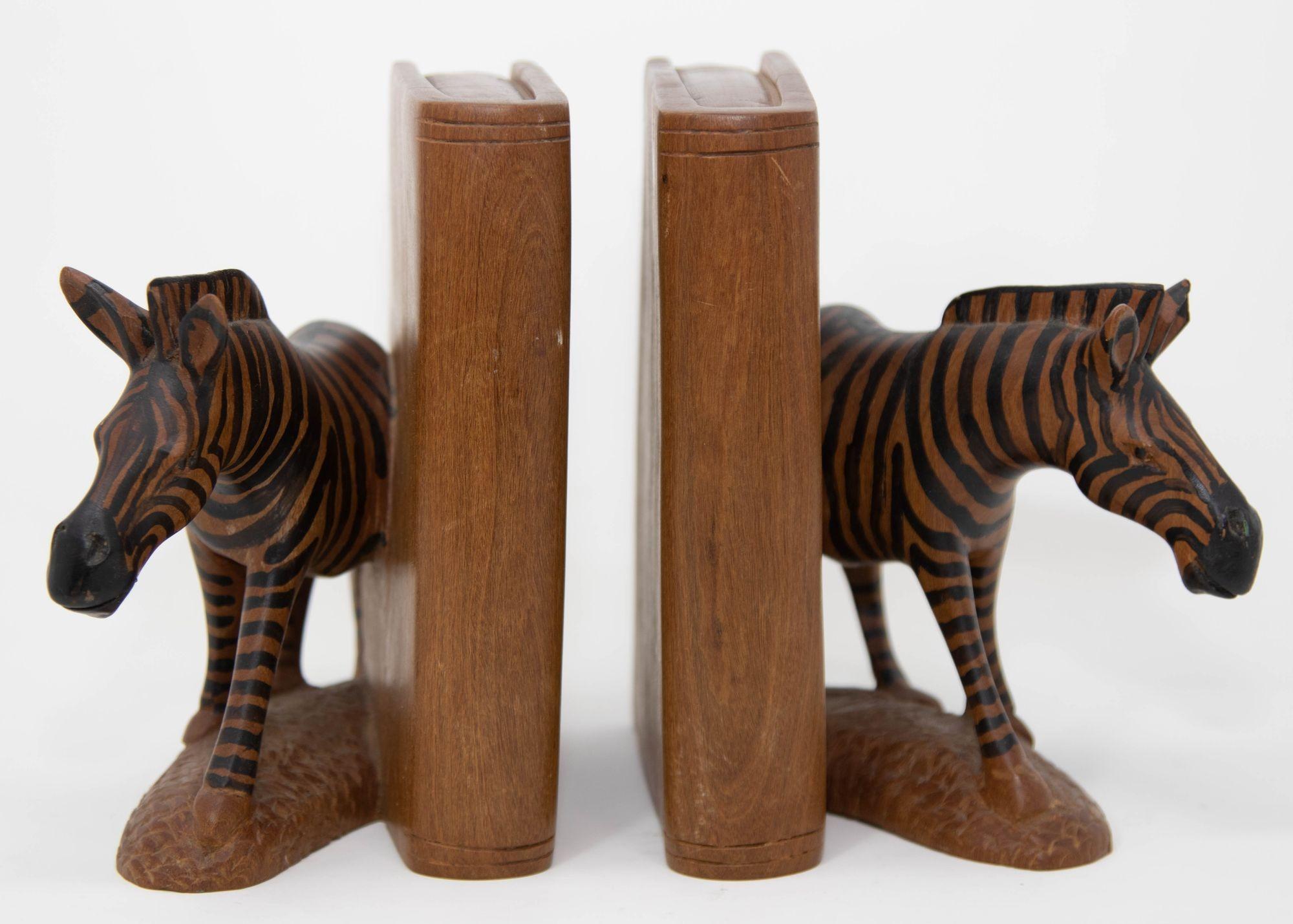 20th Century Hand Carved Wood Safari African Zebra Bookends Kenya 1950